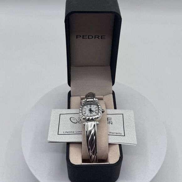 Vintage Pedre Watch Women Silver Tone Square Open Hinge Band Needs Battery - Picture 8 of 10